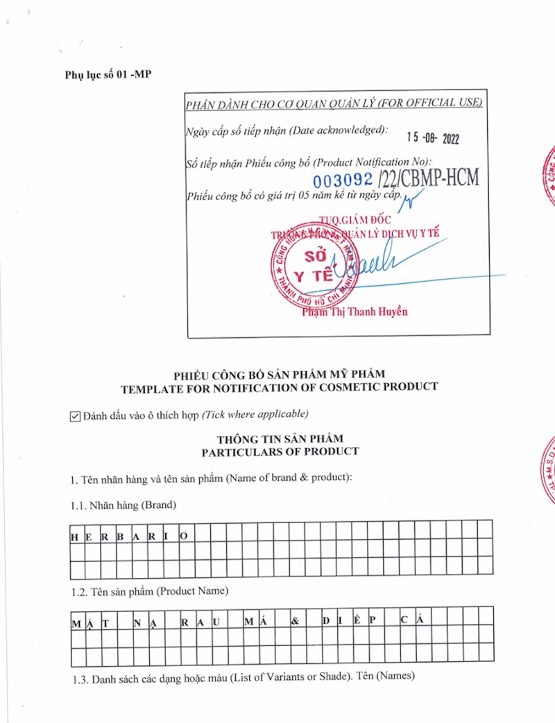 giay cong bo san pham mat na rau ma diep ca Herbario